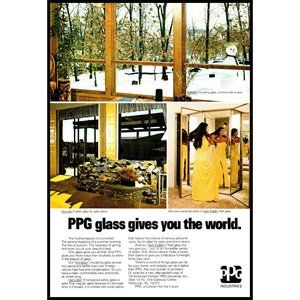 1976 PPG Glass Windows Door Vintage Print Ad Snowman Yellow Dress Winter Decor